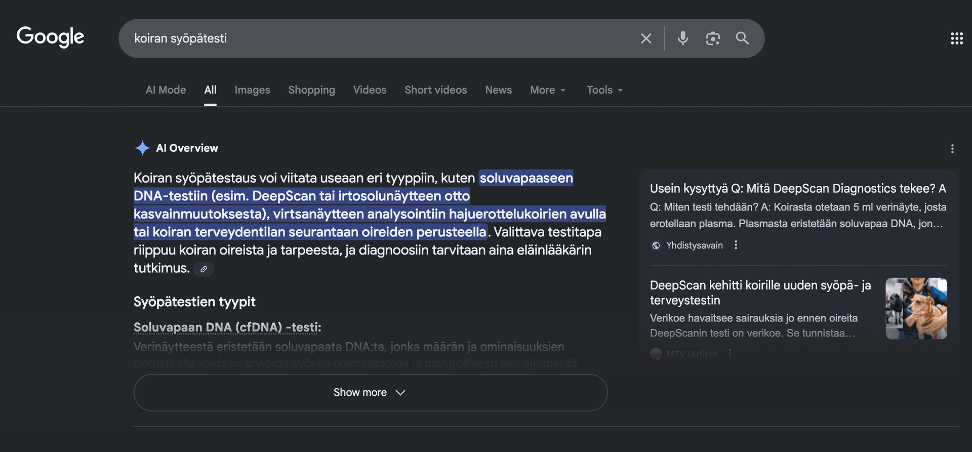 Google AI Overview featuring DeepScan Diagnostics in Finnish search results